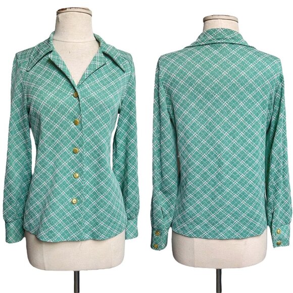 70s vintage plaid pointed collar blouse green notched dagger long sleeve button. - Picture 4 of 7